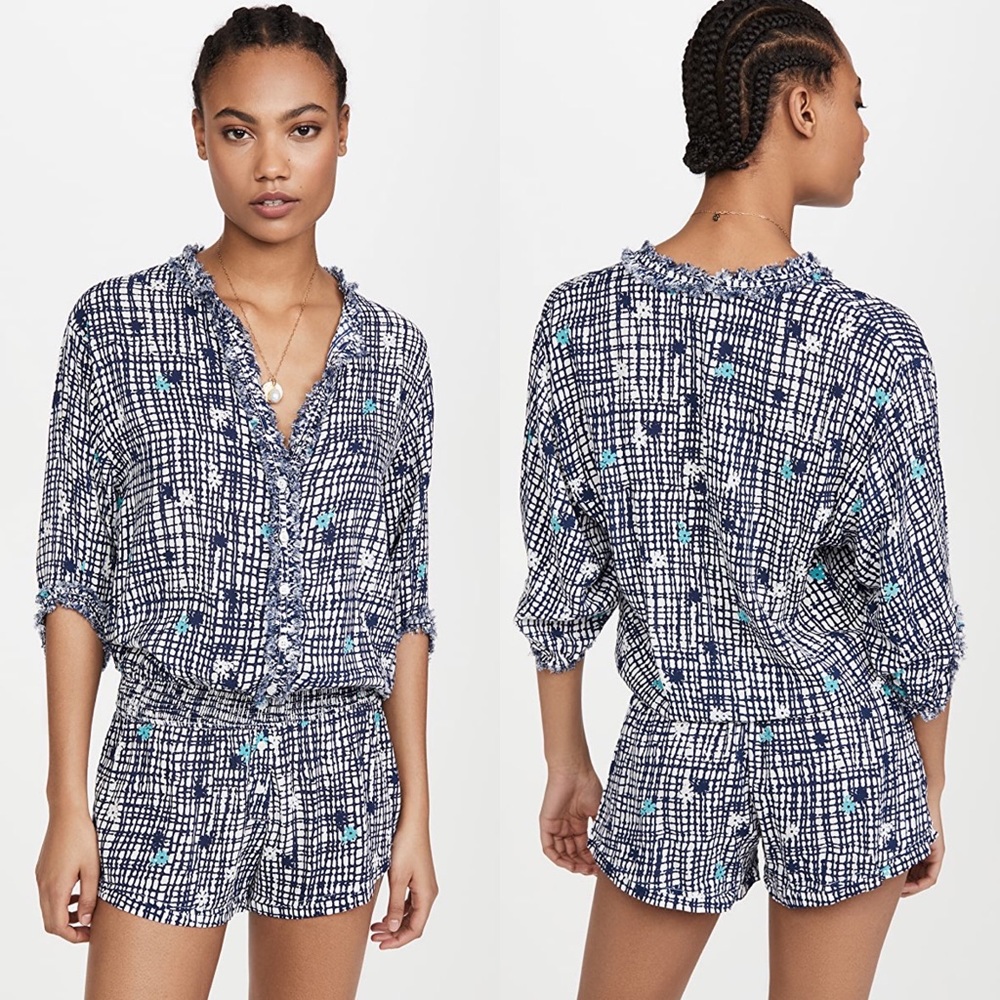 Poupette St Barth | Ilona Long Sleeve Romper in Blue Maze Small